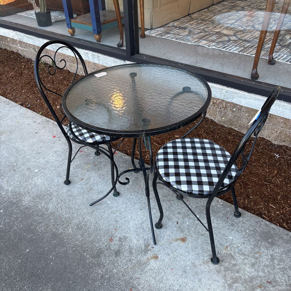Glass Top Outdoor Dining Table w/ 2 Striped Chairs