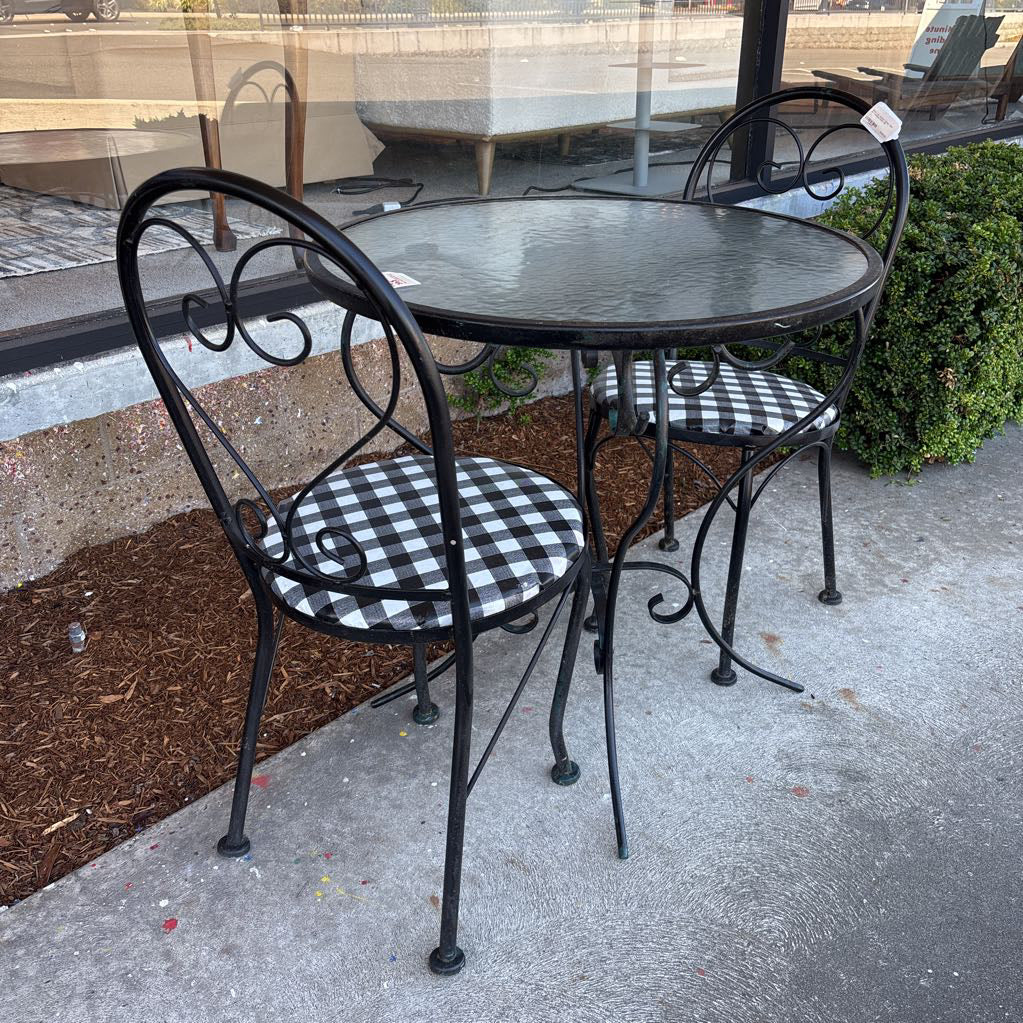 Glass Top Outdoor Dining Table w/ 2 Striped Chairs