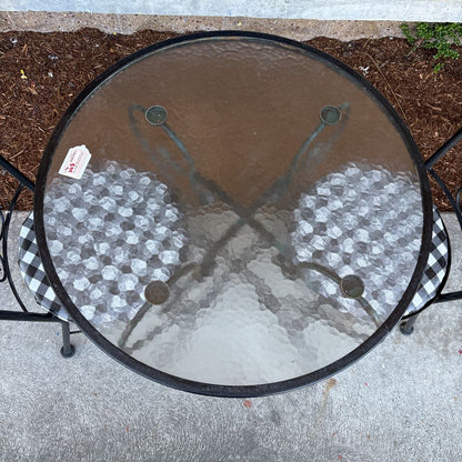 Glass Top Outdoor Dining Table w/ 2 Striped Chairs