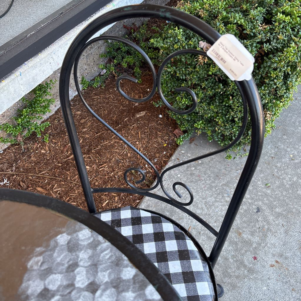 Glass Top Outdoor Dining Table w/ 2 Striped Chairs