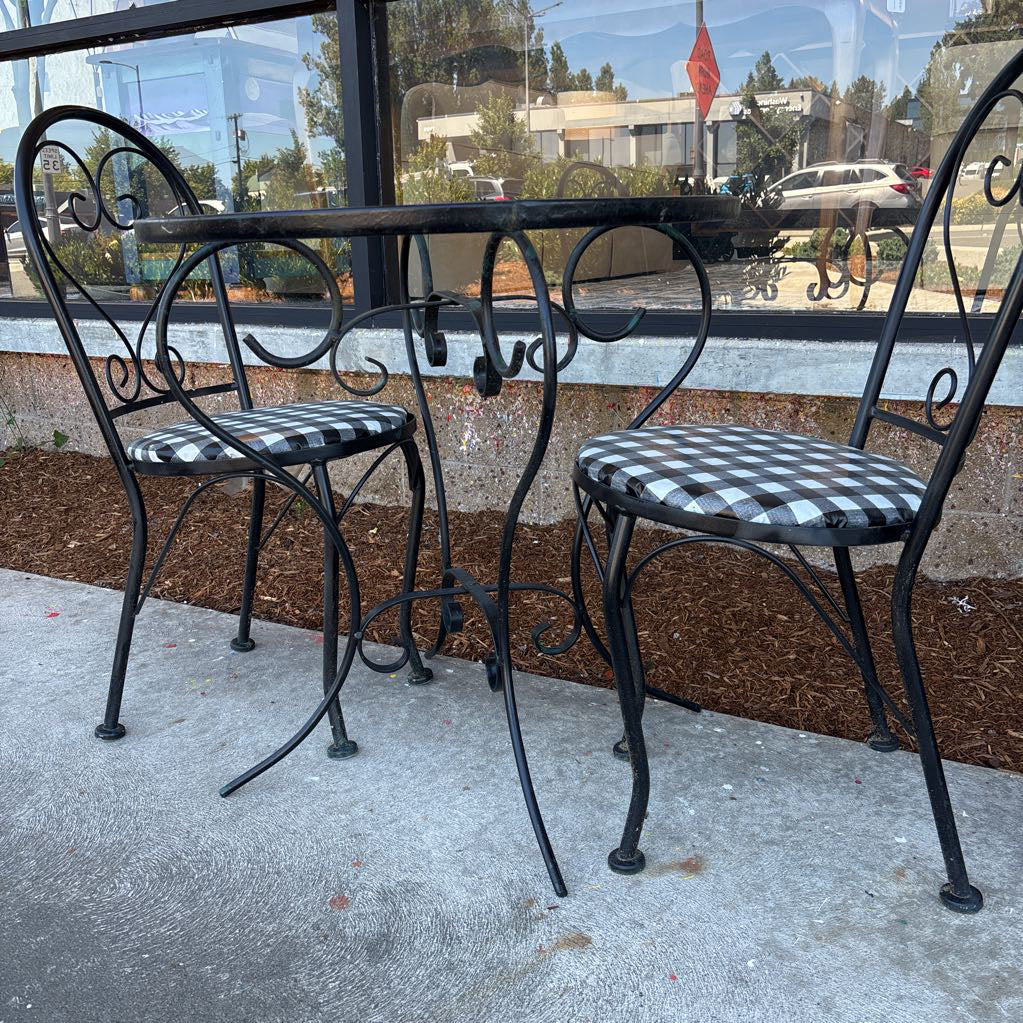 Glass Top Outdoor Dining Table w/ 2 Striped Chairs