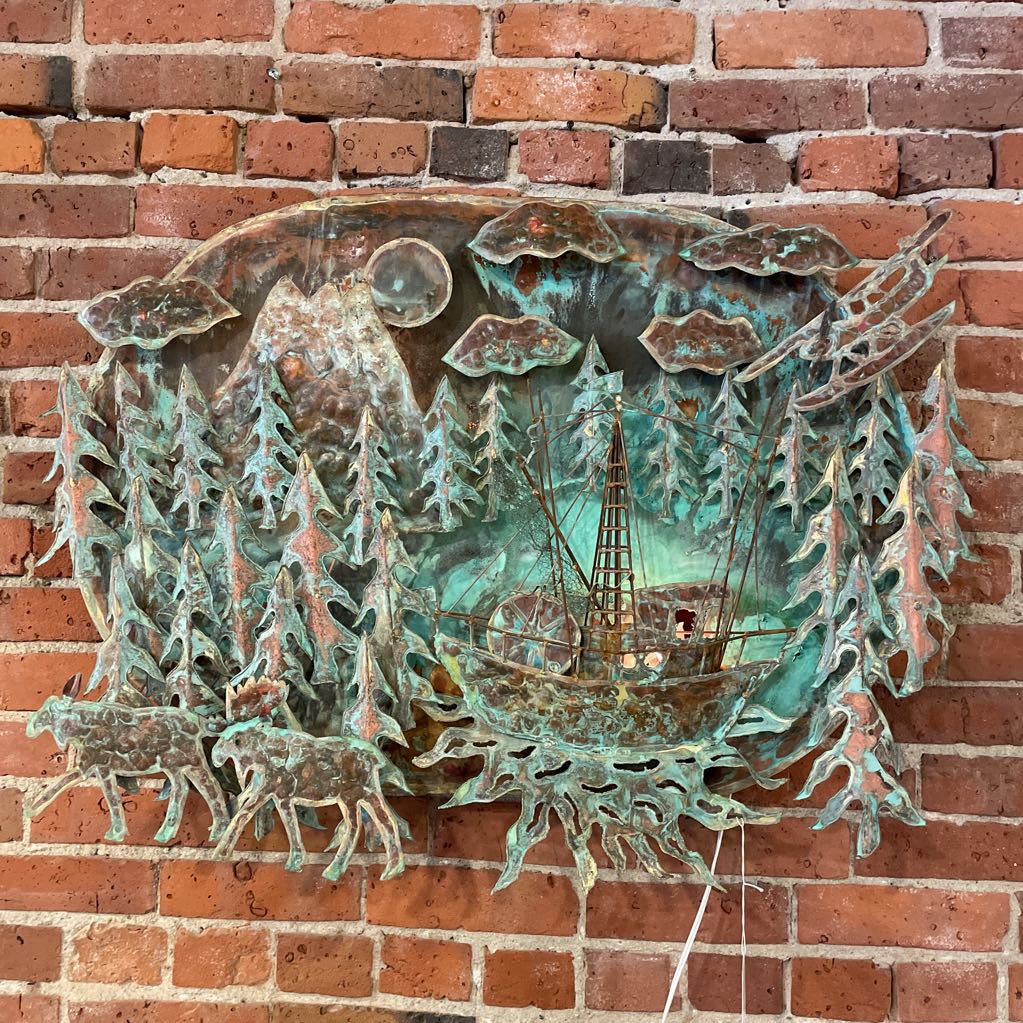 Oxidized Bronze Moose & Ship 3D Metal Light Up Wall Art
