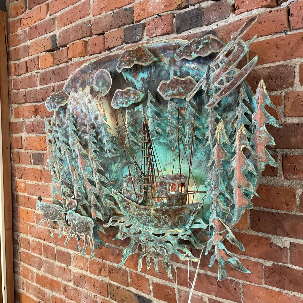 Oxidized Bronze Moose & Ship 3D Metal Light Up Wall Art