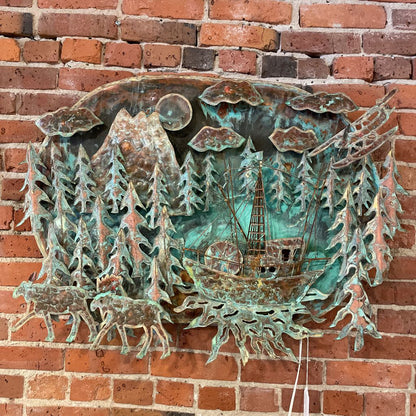 Oxidized Bronze Moose & Ship 3D Metal Light Up Wall Art