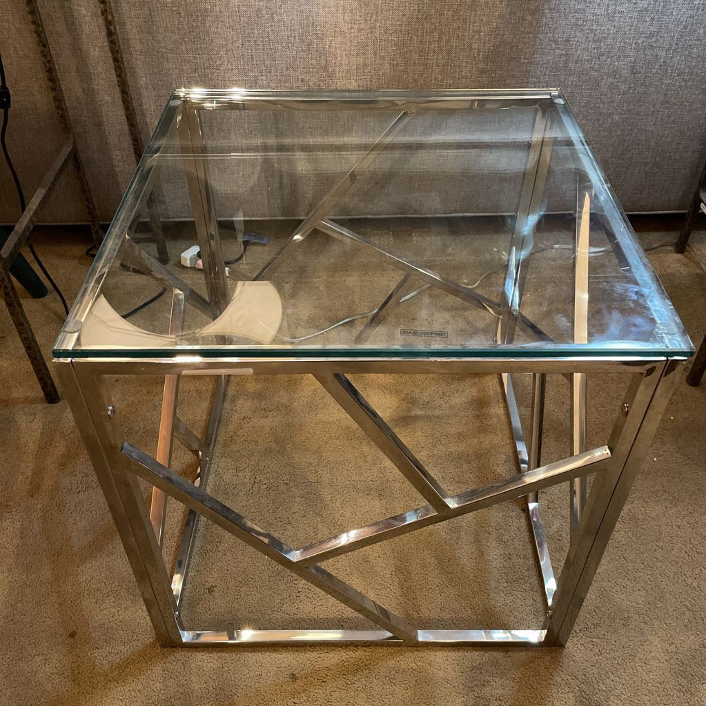 Chrome Geometric Base Glass Top End Table