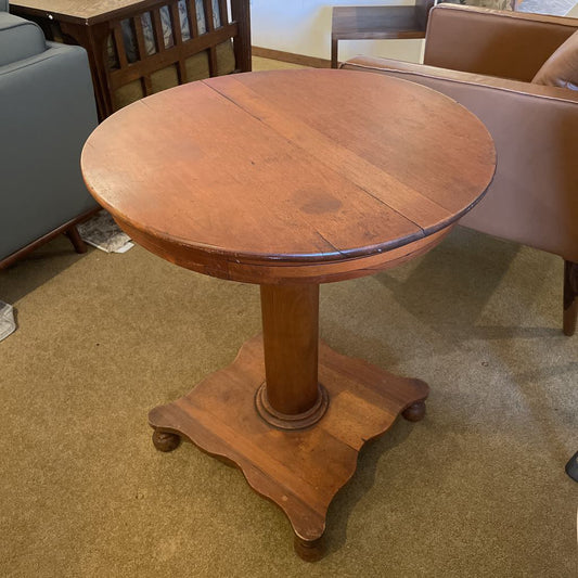Round Warm Tone Wood Side Table w Wavy Base (AS IS)