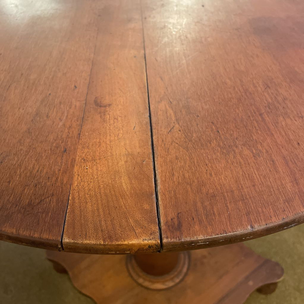 Round Warm Tone Wood Side Table w Wavy Base (AS IS)