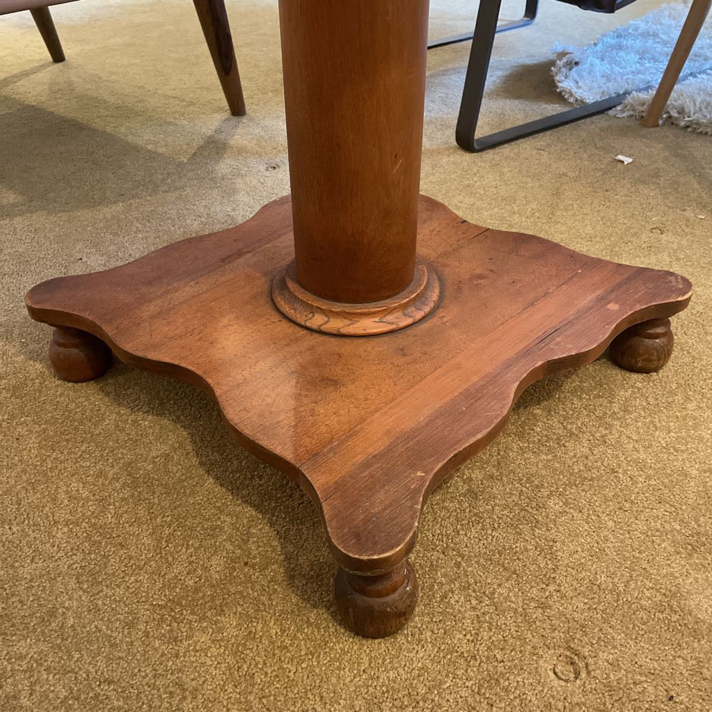 Round Warm Tone Wood Side Table w Wavy Base (AS IS)
