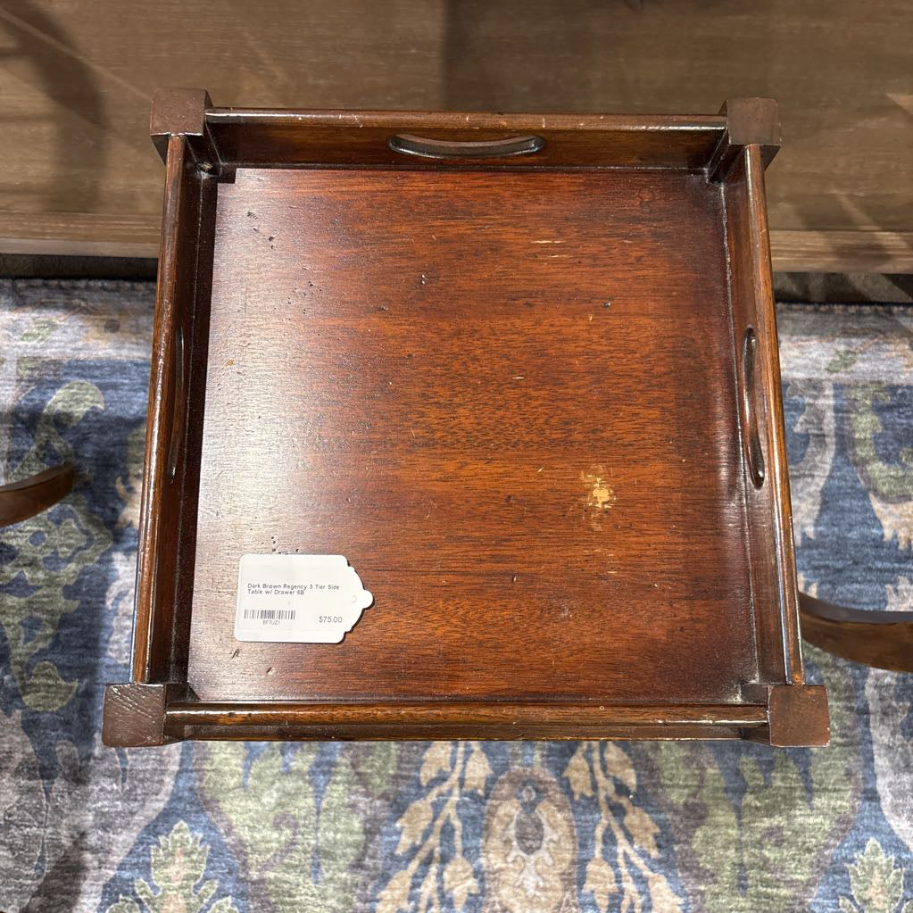 Dark Brown Regency 3 Tier Side Table w/ Drawer