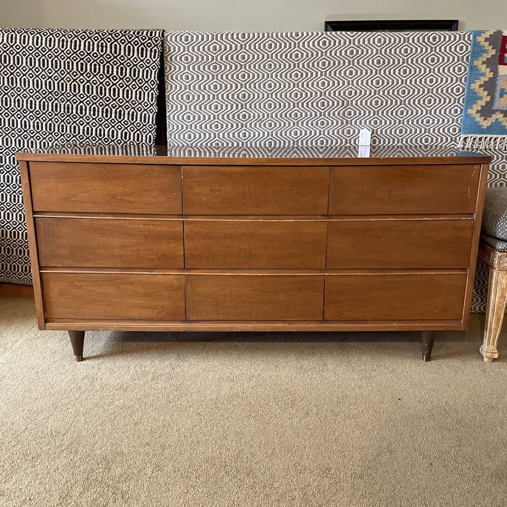 MCM 9 Drawer Walnut Veneer Lowboy Dresser