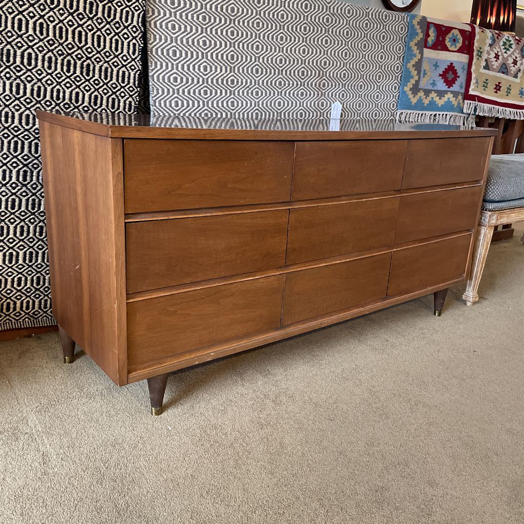 MCM 9 Drawer Walnut Veneer Lowboy Dresser