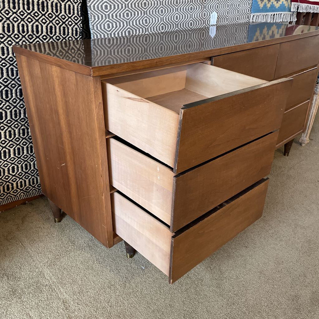 MCM 9 Drawer Walnut Veneer Lowboy Dresser