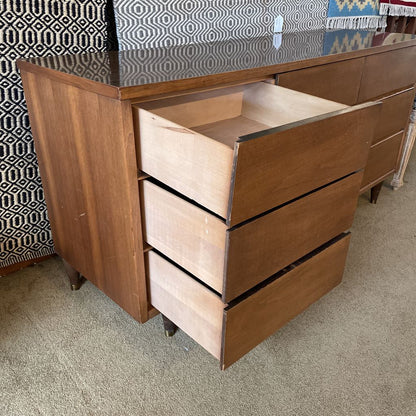 MCM 9 Drawer Walnut Veneer Lowboy Dresser