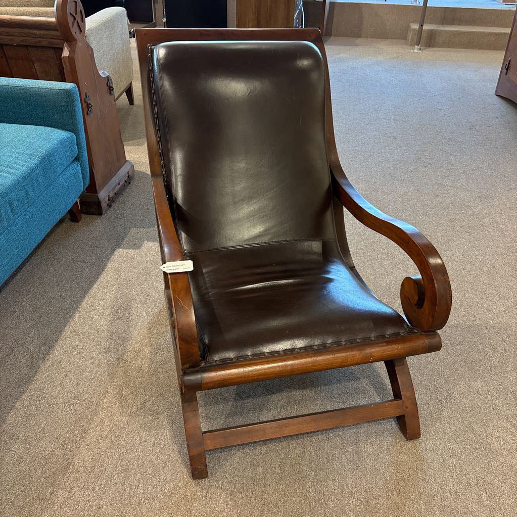 Vintage Solid Wood Brown Leather Accent Chair