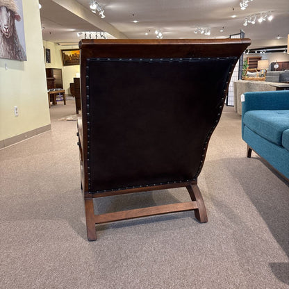 Vintage Solid Wood Brown Leather Accent Chair
