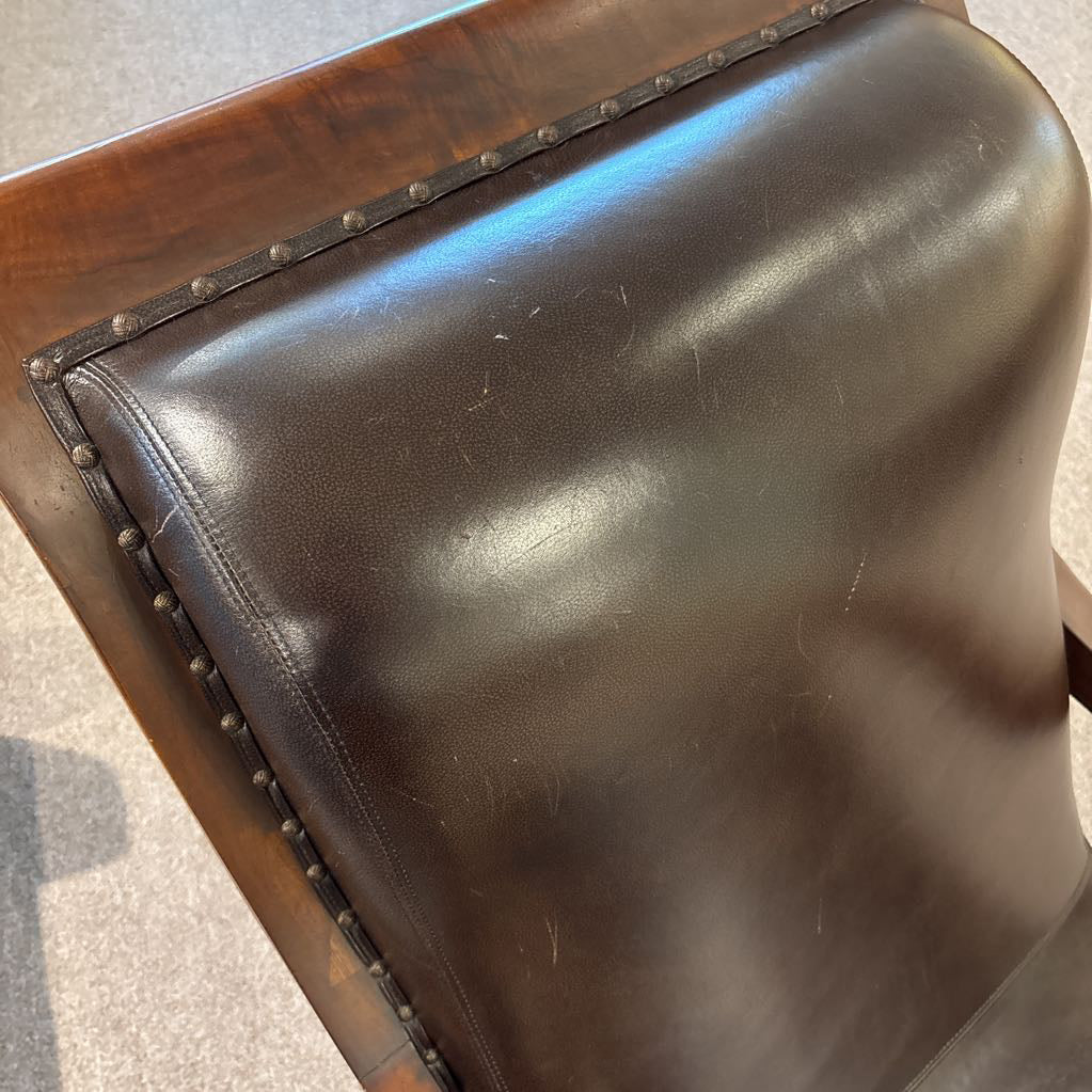 Vintage Solid Wood Brown Leather Accent Chair