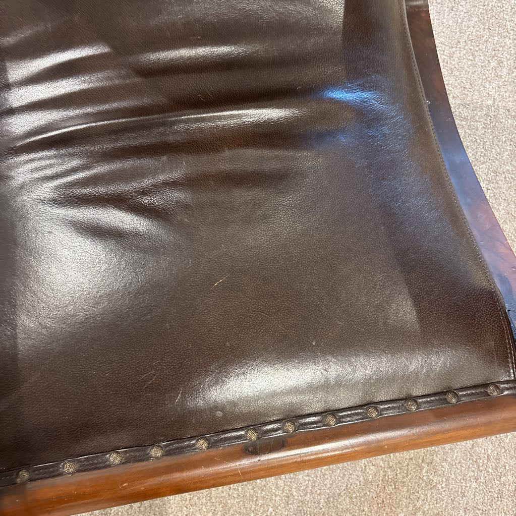 Vintage Solid Wood Brown Leather Accent Chair