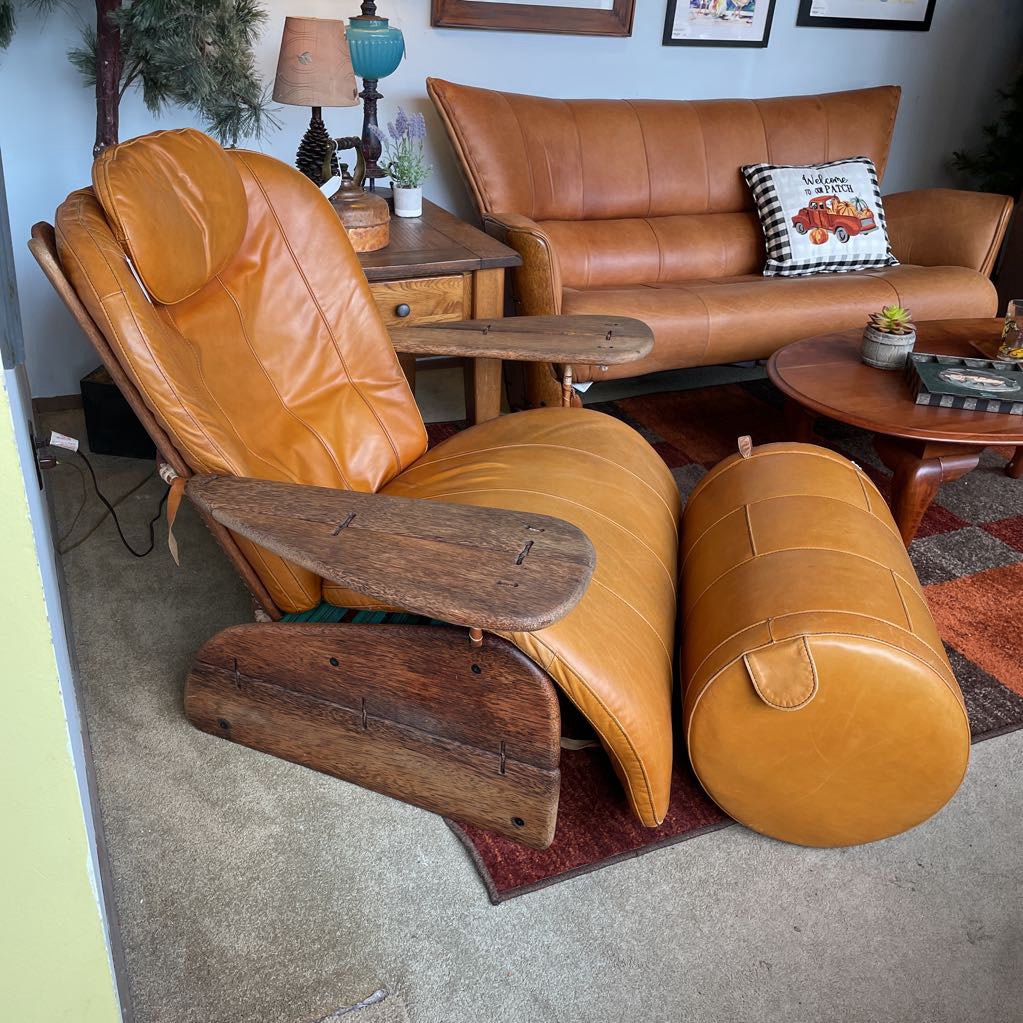 Pacific Green Havana Palmwood + Leather Lounge Chair w/ Rolling Ottoman