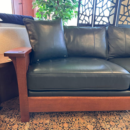 Deep Green Leather Stickley Sofa W/ Matching Throw Pillows