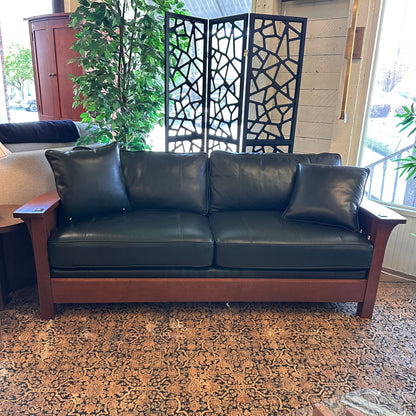Deep Green Leather Stickley Sofa W/ Matching Throw Pillows