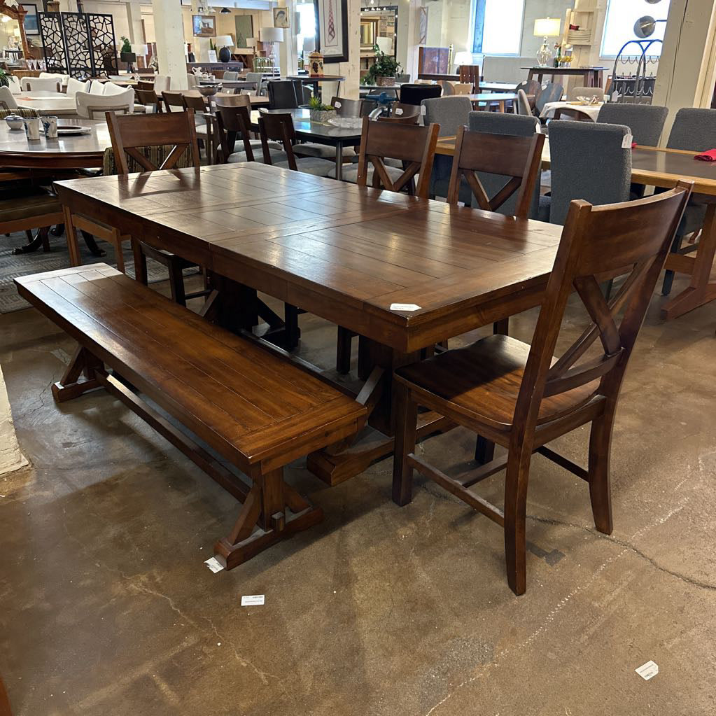 Cost Plus Trestle Dining Table W/4 Chairs And Dining Bench
