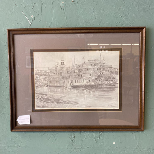 Signed St. Louis Delta Queen River Boat Sketch Print
