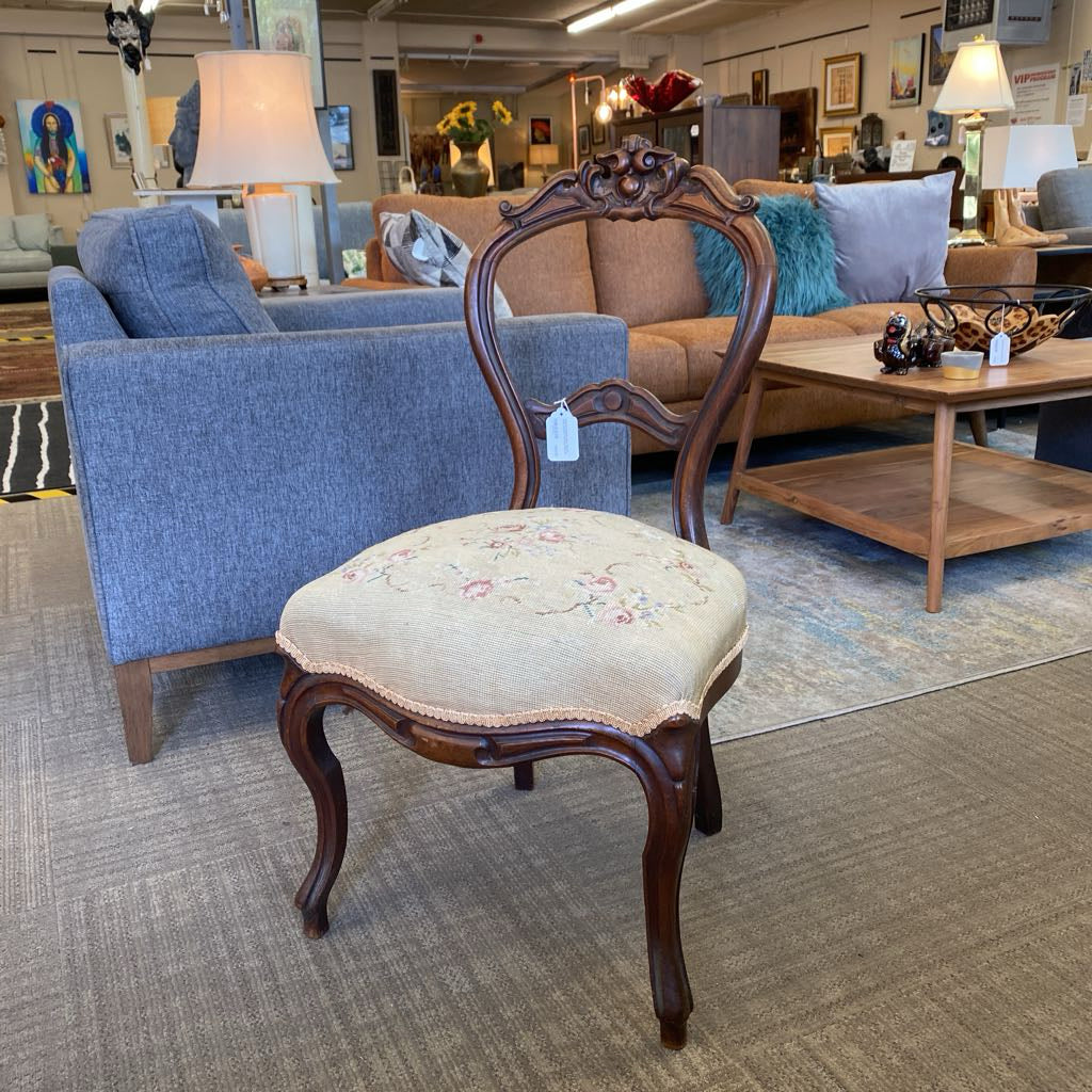 Victorian Balloon Back Accent Chair w/Floral Tapestry Seat