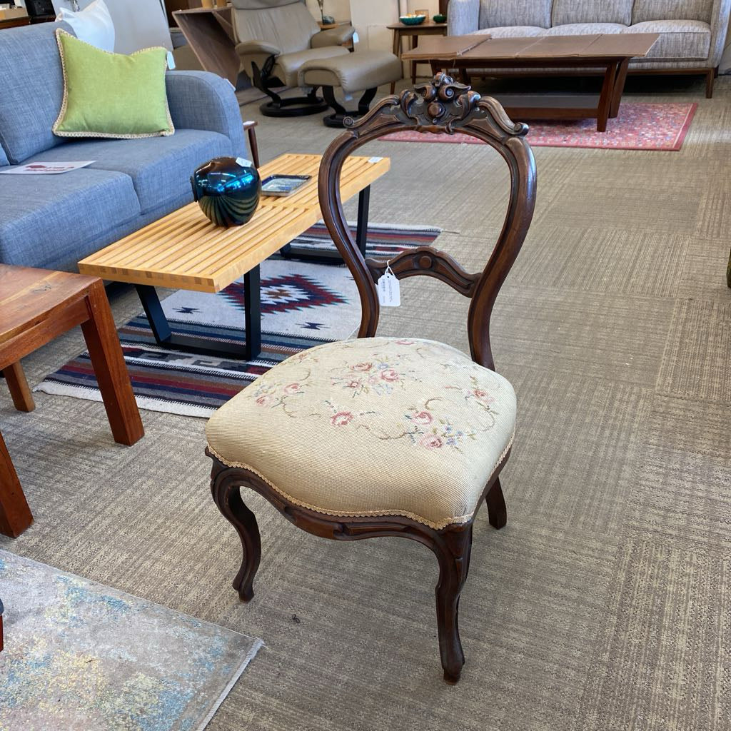 Victorian Balloon Back Accent Chair w/Floral Tapestry Seat