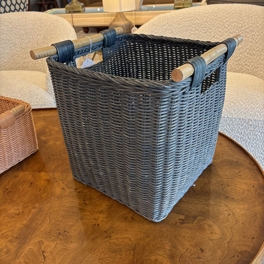 Dusty Blue-Grey Woven Basket w/Wood Handles