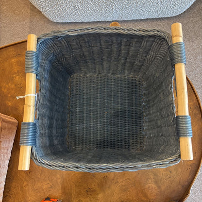 Dusty Blue-Grey Woven Basket w/Wood Handles SMALLS
