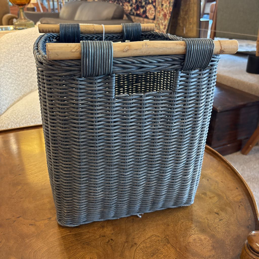 Dusty Blue-Grey Woven Basket w/Wood Handles SMALLS