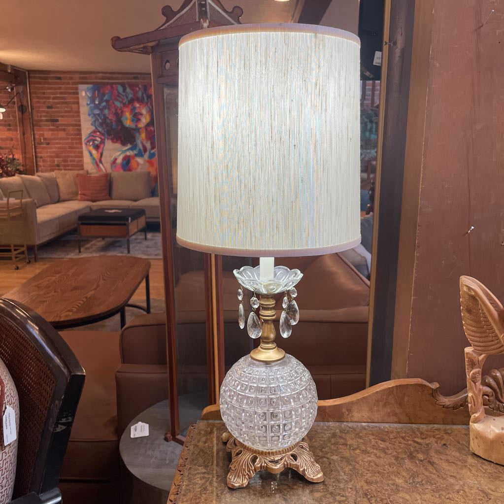 Glass Globe w/ Golden Base & Hanging Crystals Table Lamp