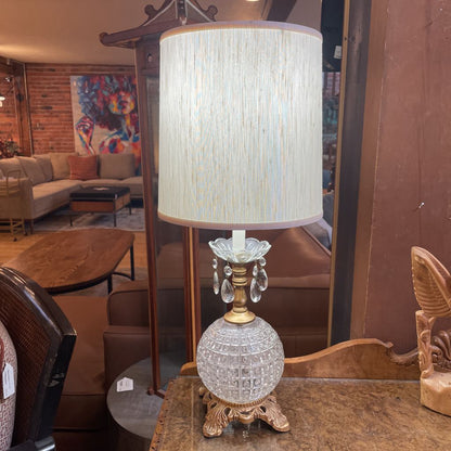 Glass Globe w/ Golden Base & Hanging Crystals Table Lamp