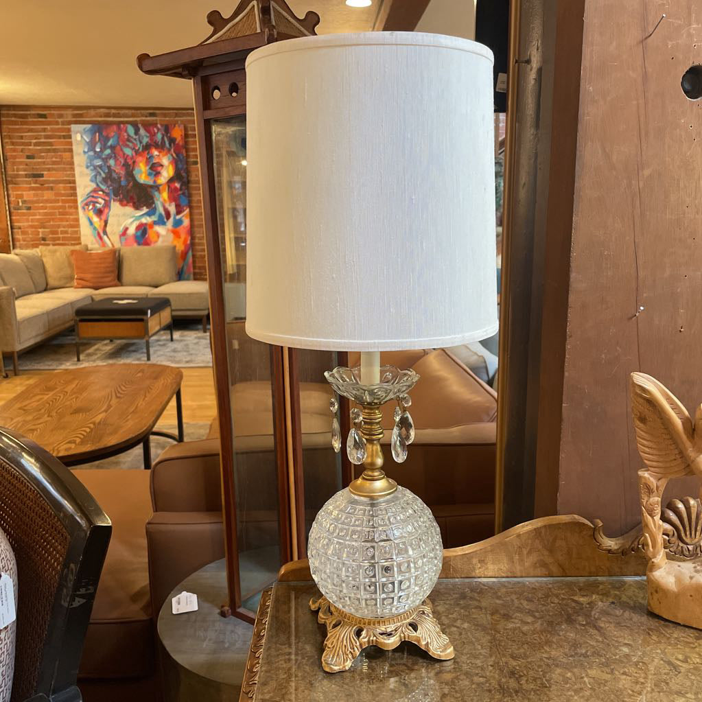 Glass Globe w/ Golden Base & Hanging Crystals Table Lamp