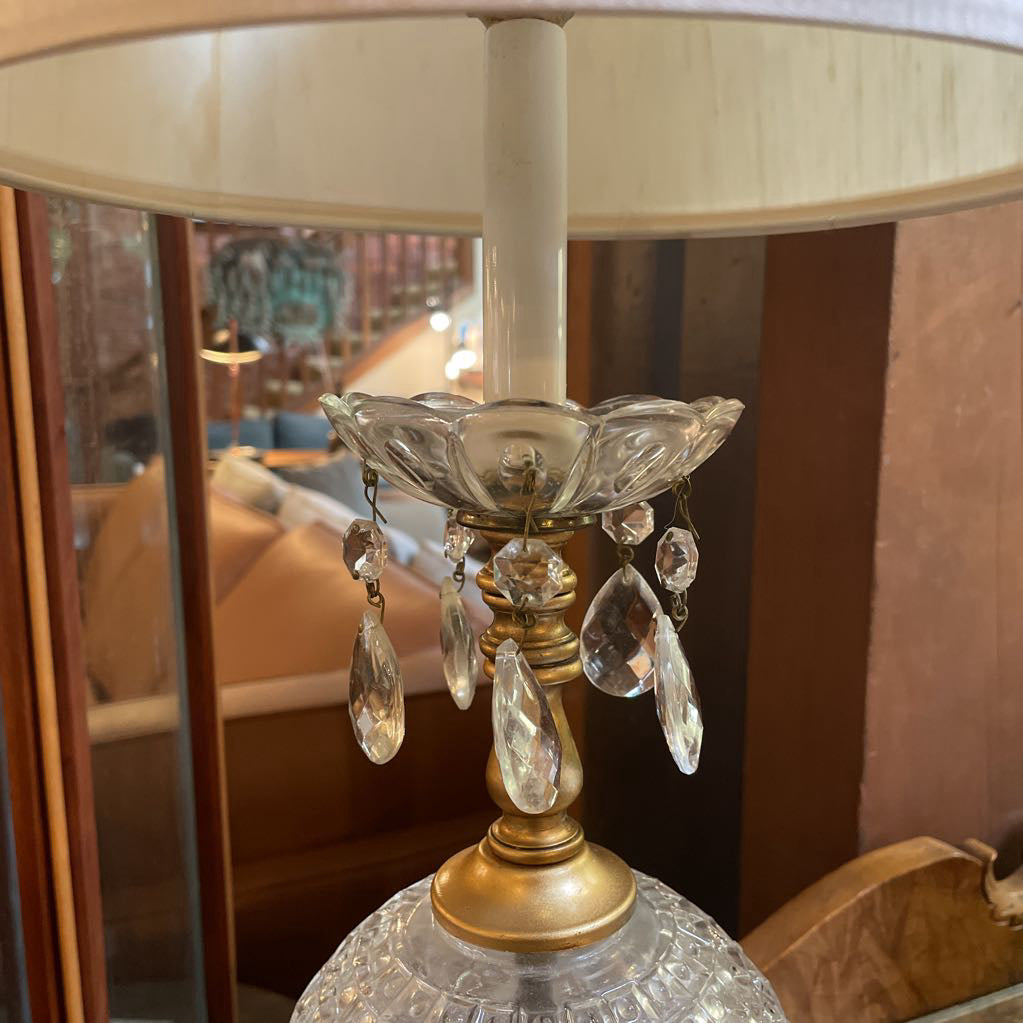 Glass Globe w/ Golden Base & Hanging Crystals Table Lamp