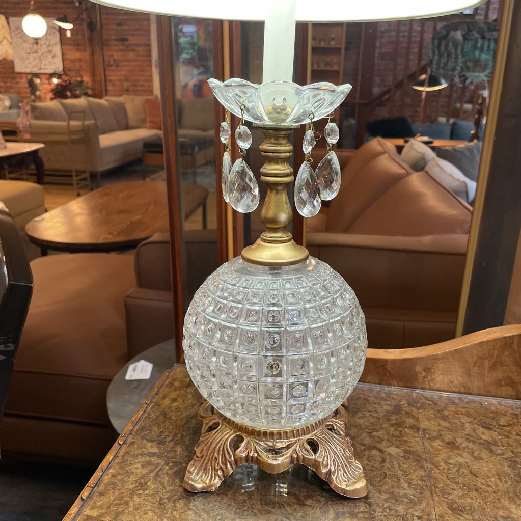 Glass Globe w/ Golden Base & Hanging Crystals Table Lamp