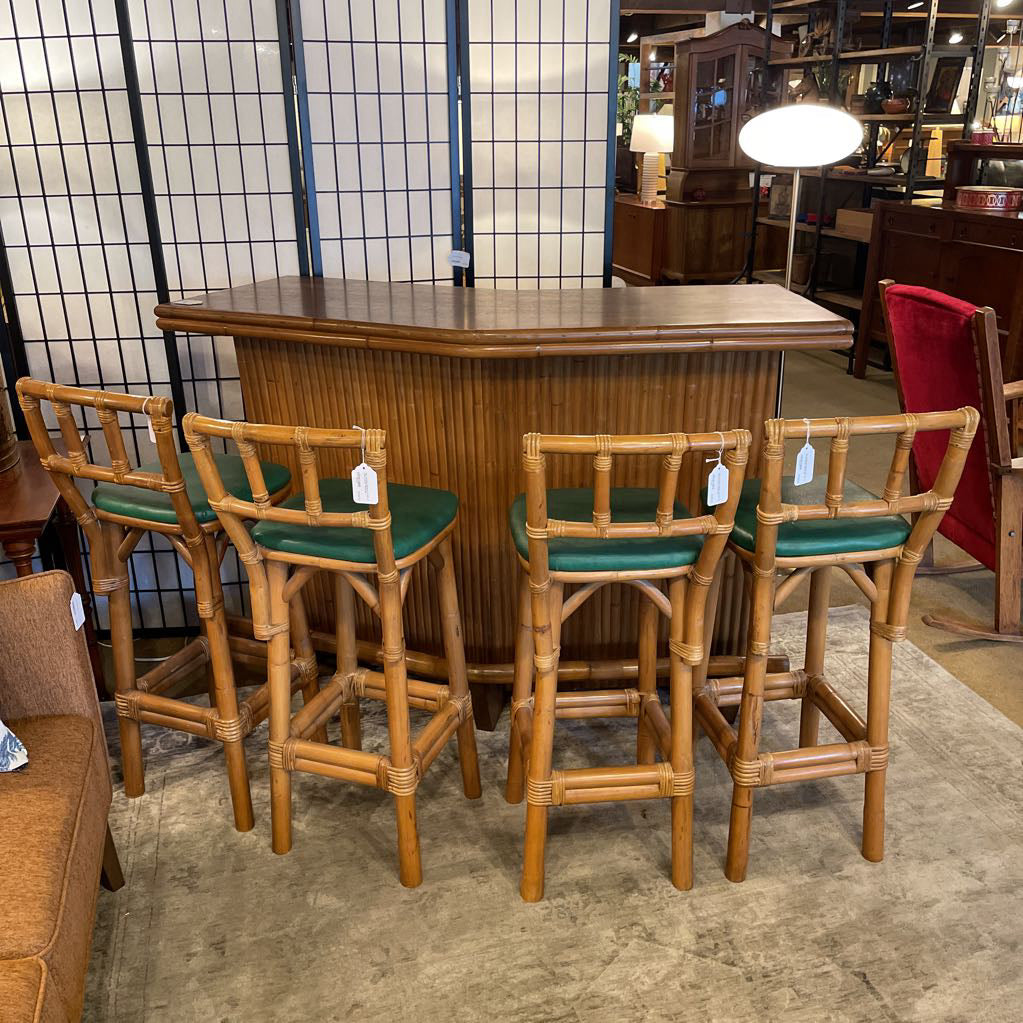 MC Japanese Bamboo Tiki Bar w/ Green Leather Stools