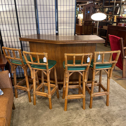 MC Japanese Bamboo Tiki Bar w/ Green Leather Stools