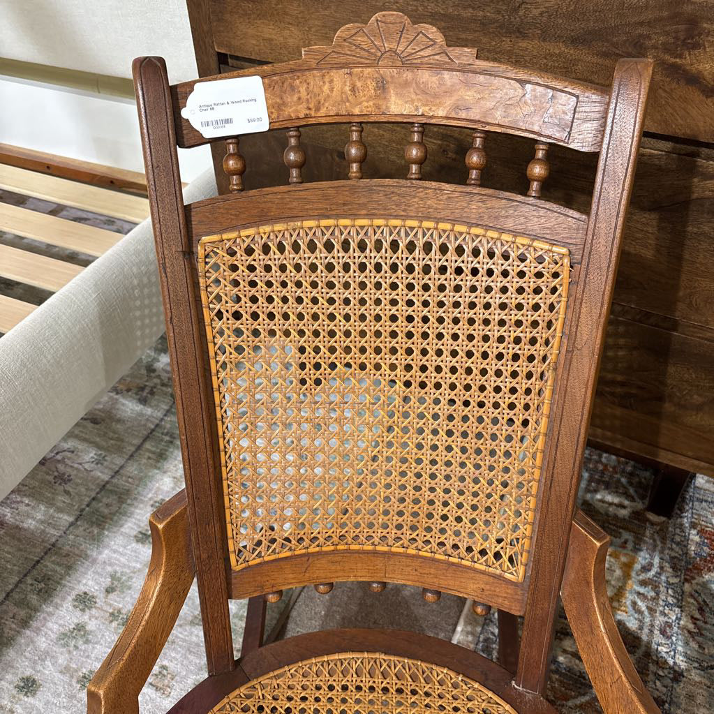 Antique Rattan & Wood Rocking Chair