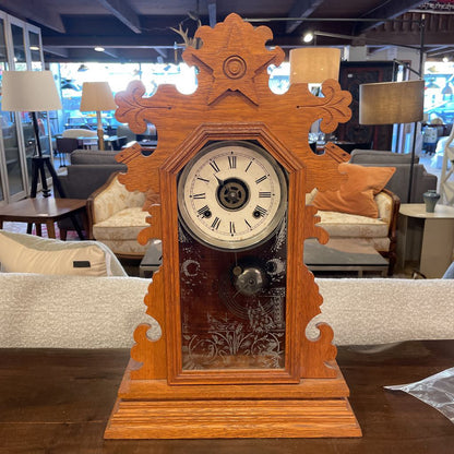 AS IS Massacheusetts-Made Antique Clock with Wood Folk Trim