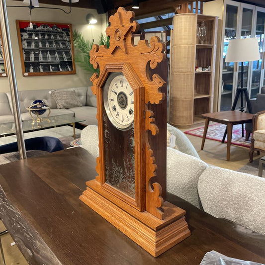 AS IS Massacheusetts-Made Antique Clock with Wood Folk Trim