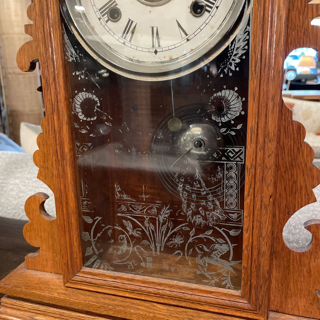 AS IS Massacheusetts-Made Antique Clock with Wood Folk Trim