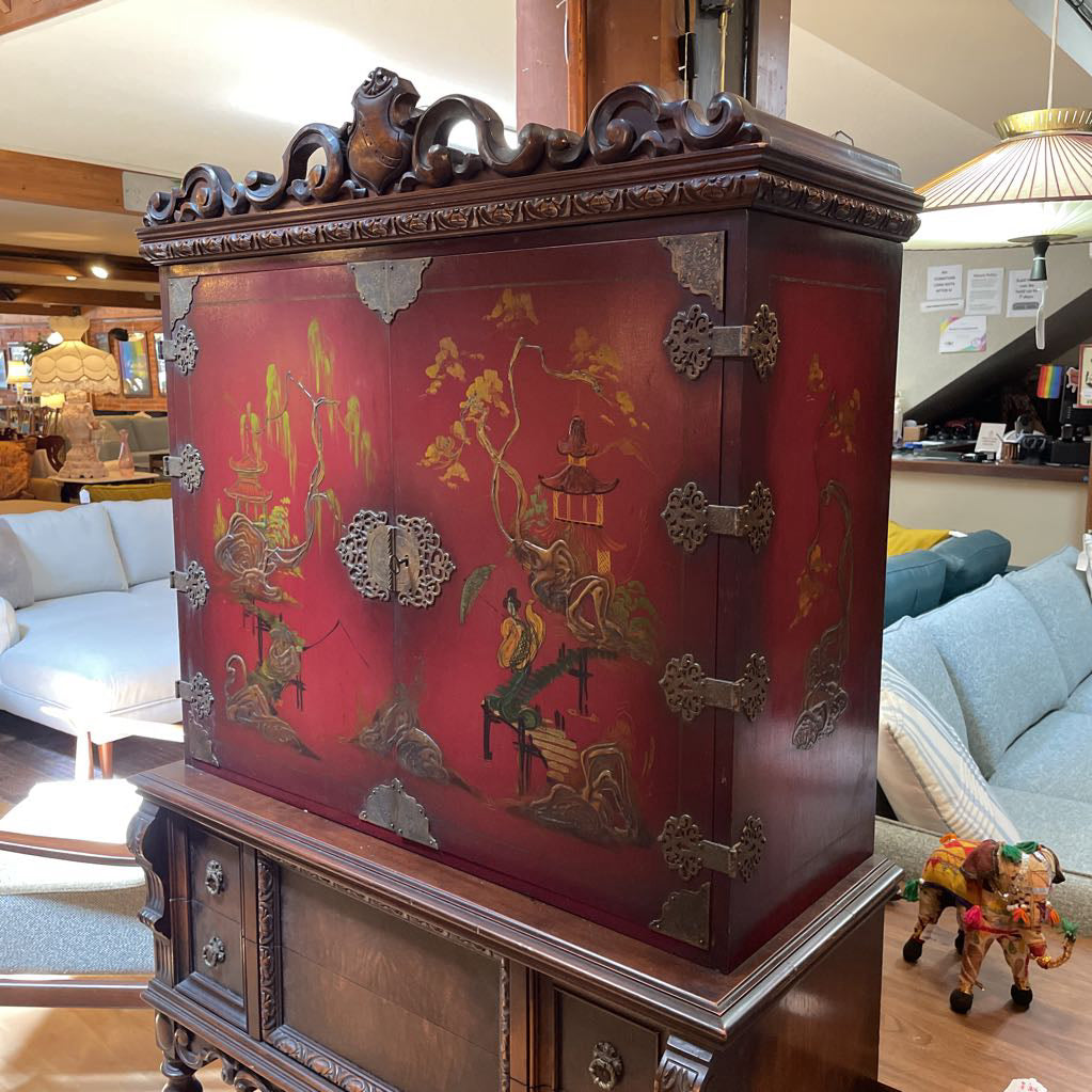 AS IS Mohlenrich Hand Painted Chinoiserie Cocktail Cabinet C BAR CARTS