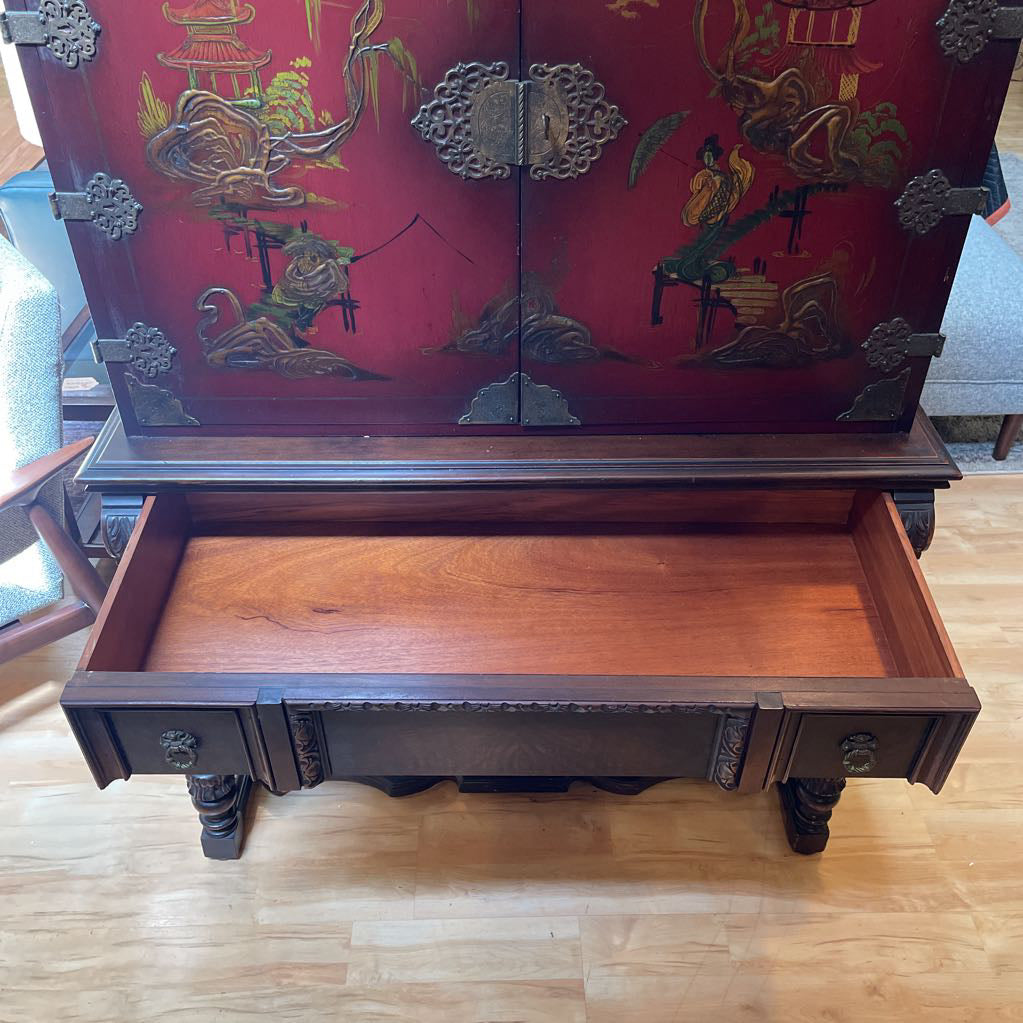 AS IS Mohlenrich Hand Painted Chinoiserie Cocktail Cabinet C BAR CARTS