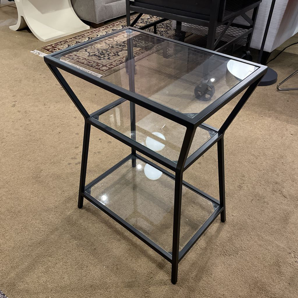Glass & Black Metal Angular Tiered End Table