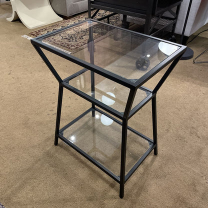 Glass & Black Metal Angular Tiered End Table