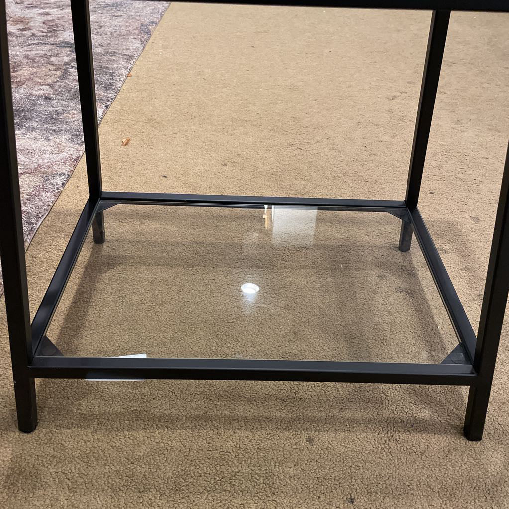 Glass & Black Metal Angular Tiered End Table