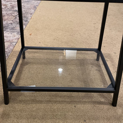 Glass & Black Metal Angular Tiered End Table
