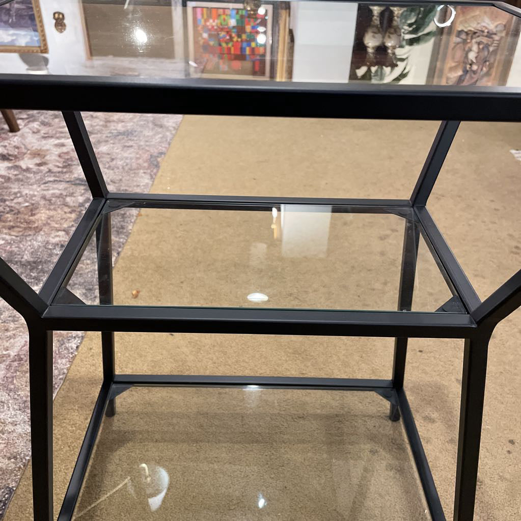 Glass & Black Metal Angular Tiered End Table