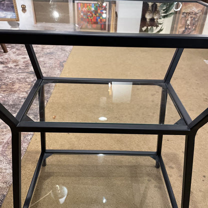 Glass & Black Metal Angular Tiered End Table